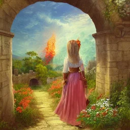  Castle into sky, with flowers of fire. Green clouds and birds. Shy girl going out of the main gate. Detailed painting, sharp color, medieval, intricate detail, far sceen, realistic colors, medieval concept art. spring.