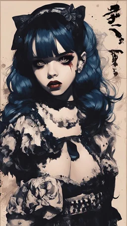 Poster in two gradually, a one side malevolent goth vampire girl face and other side the Singer Melanie Martinez face, full body, painting by Yoji Shinkawa, darkblue and sepia tones,