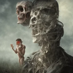 Painting of a Human wich is Crying and standing next to a dead person