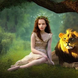 Young beautiful girl sitting next to a majestic, stunning lion on nature forest path, floral crown on girl, Chronicles of Narnia, 8k resolution, high-quality, fine-detail, iridescent, intricate, digital art, detailed matte, volumetric lighting, beautiful, illustration, 3D octane render, brian froud, howard lyon, selina french, anna dittmann, annie stokes, lisa parker, greg rutowski,