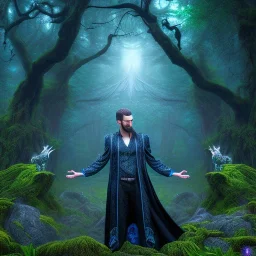 crazy detail, magical forest background, waterfall, blue but cloudy skies, man in black shiny robes,dark stone statue, lively eyes,hidden hands, framed by foliage, runes on dices, warm light, holding up scroll