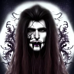 perfect long-haired male Vampire, perfect eyes, full face tattoo of flower art and trees extending past face and morphing into galaxy, 8k resolution, high-quality, fine-detail, intricate, digital art, volumetric lighting