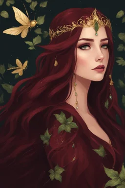 Burgundy hair, dark hair,dark red , rapunzel hair,very long hair,dark fairy princess,elven crown,night,dragonflies,beautiful,ong ashes,golden armor ,sparkle,night blooming,ivy,dark green,lilly of valley,golden elven crown