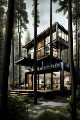 Medium-sized modern house made from shipping containers, in the woods, photorealistic