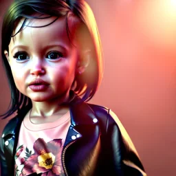 Angelina jolie toddler, full body, leather jacket, floral shirt, floral skirt, shoe, soft skin, dramatic lighting, hyper realistic