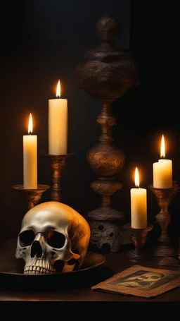 Claude monet painting style candles in the dark with rose A skull