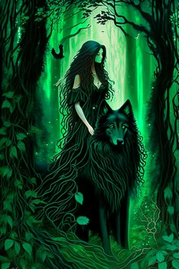 In the heart of a dense and enigmatic forest with towering ancient trees cloaked in emerald foliage stood a bewitching sorceress possessing an ethereal allure her lustrous hair cascading in ebony waves down to her slender waist that turns into roots In the background a faithful companion a majestic canine of Belgian shepherd lineage roamed at her side its eyes illuminated by an otherworldly crimson glow exuding an aura both mysterious and demonic