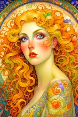 An ethereal portrait of a woman with flowing hair and piercing eyes, created with a mix of beauty and digital techniques, inspired by the works of Alphonse Mucha and Gustav Klimt