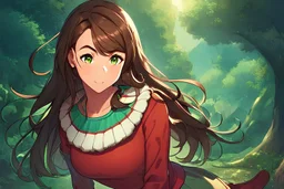 A highly detailed digital painting of a beautiful anime girl, long brown hair, green eyes, freckles, cute, lively, one with nature