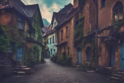 Cidade antiga ao redor de uma floresta imensa, cores frias