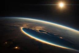 تصوير جوي للأرض من الفضاء، حيث يظهر الكوكب الأزرق الجميل في خلفية مظلمة وغامضة. تتلألأ سطح الأرض بألوانها المتعددة، ويتجلى لمحة من السحب والمحيطات. تنعكس ضوء الشمس بلطف على الجانب المضاء، مشيرةً إلى التنوع والجمال الذي تحمله هذه الكوكبة المعجزة.