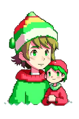 Pixel Art style, Child girl, short brown hair, has red eyes, He has pink dots on his cheeks, wears a green shirt horizontally striped with yellow, He's in a snow-covered place, he's wearing a standard red Christmas hat,