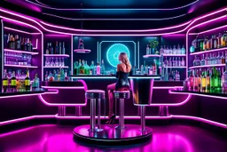 a chic and stylish fashionable lady sitting on tall barstool at an exteme futuristic bar, viewed from the back. On the counter in front of she stands a cocktail, neon lights. The bar backdrop features rows of bottles and glasses on shelves and in vitrines. the elegante barman make a coctail, high detalied, high realistic, professional photo