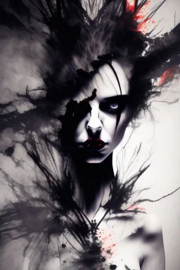 Explosive abstract image of a beautiful gothic girl, dramatic pose