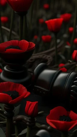 A wooden judge's gavel engraved with Tatiana's name. Next to a black pistol and two black leather gloves. Placed in a field filled with red poppies.. Dark garden background. Dark garden background cinematic.