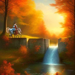  fantasy art, book illustration,portrait of a boy on horse by a dam ,autumn water, colorful, evening