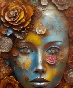  an abstract painting of rusted metal and flowers, african portrait, rust, scaffolding, iron cladding, decay, mixed media, textured, anatomically correct, beautiful perfect face, sharp focus, highly detailed, injured face