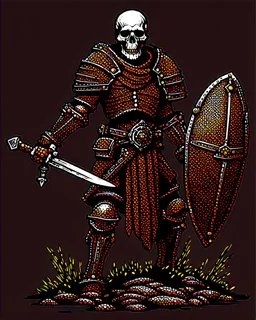 tabletop RPG skeleton warrior with sword and shield and rusted chainmail rpg art no background