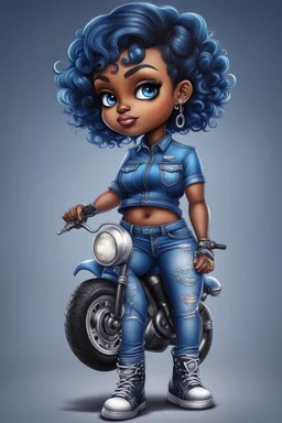 create an airbrush illustration of a chibi cartoon voluptuous black female wearing a blue jean outfit with biker boots. Prominent make up with hazel eyes. Extremely highly detail of a very low blue pixie haircut. Background of a bike show.