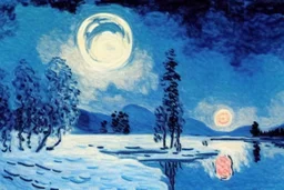 Night, Moon, distant mountains, pine trees, lagoon, lagoon reflections, winter, ice, snowy land, claude monet impressionism painting