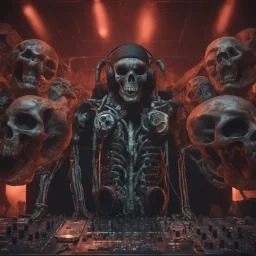 DJ of the damnded, insanely detailed DJ booth in hell, MID set, speakers and equipment made of bone, anatomically correct, add more skulls in th audience, photorealism, vray, 8k 3d