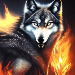 fantasy black wolf with flames around him