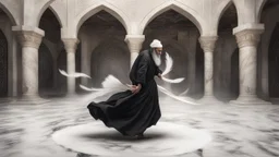 Hyper Realistic Black Clothed Sufi Whirling on marble floor with detailed Islamic Architecture Rustic Grungy Background outside white marble Islamic monument with white feathers