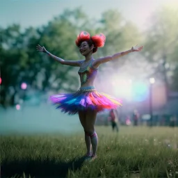 Ultra Realistic photo, medium shot view, drunken dancer Asian woman, carnival scene, monster hair, steampunk style. Red hair, confeti, smile, happy, festival, ovnis, gradient color fog. highly detailed, concept art, unreal engine 5, ray tracing, RTX, lumen lighting, ultra detail, volumetric lighting, 3d, finely drawn, high definition, high resolution.