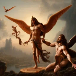 The winged messenger Hermes delivering a message to Zeus but Zeus is a Hydra. Medusa and the Minotaur are fighting in the background. High definition oil painting.