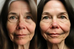 A selfie of a brunette woman, middle long hair, showing a 59-year-old European woman. She has brown hair, face without makeup, cute nose, detailed full lips, skin texture. Split screen and show on the right side the same face but without wrinkels and 20 years younger and more beautiful