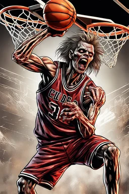 13k, highly realistic and detailed image of a zombie as a NBA basketball player in action dunking the ball in the net, sweaty hair, screaming look,action and explosive background