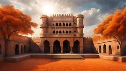 Hyper Realistic Photographic Wide-angle-Outside View Of A Huge-Detailed-Crafted-Rajasthani-Fort In An Autumn Season with dried Orange Leaves on the land & thick autumn trees with cloudy-sunrays behind the fort with garden outside (& water-fountain at the side) the fort showing dramatic & cinematic ambiance.