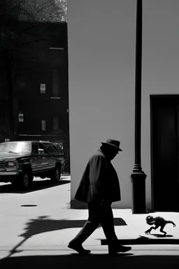 a man walks a sidewalk with a monster as his shadow