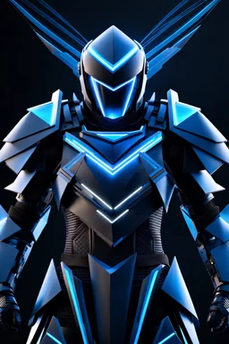 neon blue, flying parts of armor in form of triangles, cyber armor, geometric patterns on armor, male, orbiting triangle