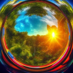 Sunset in a dense lush tropical jungle with lawn chairs, blue red and yellow. Warped. Fisheye. Bokeh. Psychedelic.