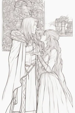 Couple from dnd kissing, woman with white hair wearing a dress, man with long black hair tunic and red cloak.