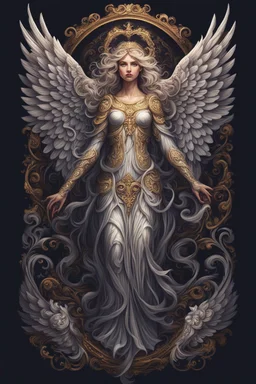 Ornate Angel design, T-Shirt Design, fantasy art, digital painting, clean dark background, 8K, HDR