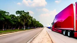 A Tesla semi-truck is racing at top speed, across 'Chichen Itza', in Mexico. CINEMATIC. WIDE ANGLE LENS.