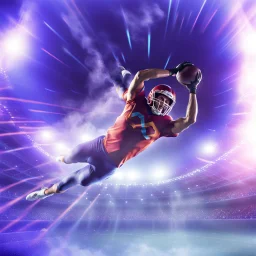 colourful rounded infinity symbol ∞ on shirt, American football player diving with an American football in both hands to score a touch down, striking, vibrant, chiaroscuro, dramatic, captivating, powerful, beautiful, octane render, 16k post-production, artstation: award-winning: atmospheric: commanding: fantastical: clarity: ultra quality: striking: brilliance: stunning colors: amazing depth; lens: f/11, 35mm