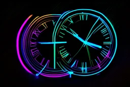 black background, outlines of a holographic clock drawn from thin neon-coloured glowing lines