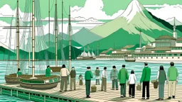 A group of people are gathered on a dock, preparing to embark on a sailing trip. Several ships are docked and ready to set sail. The boats vary in size and design, some have white sails while others have green canopies. In the distance, a large mountain rises above the city. The sky above is hazy, suggesting cool weather. The people on the dock seem excited and ready for their adventure on the water.