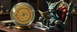 map of labyrinth contained in a glass ball with elemental sigils and symbols on a table beside a book called Rotten Riddles Age with weird illustrations, being read by an fluffy imp gremlin druid librarian in a cyber punk rockin chair in the style of Giger and Escher