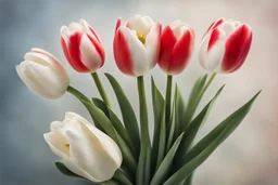 photorealistic 4 red tulips above and 2 white tulips down in a bouquet, vibrant colors, soft lighting, sharp focus, rough edges in sunshine