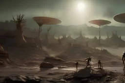 "Aliens" in a weird land - style by Mark Brown- colorful, listicvery sharp, sharp focus, extremely detailed, high definition, intricate, hiperrealistic