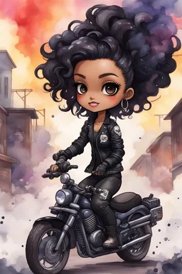 Create a watercolor illustration of a chibi cartoon full figure black female riding a sports motorcycle. She is wearing tie dye and black tights with biker boots. Prominent make up with log lashes and hazel eyes. Extremely highly detailed black shiny wavy hair up in a messy bun. Background of smoke surrounding her and the bike and she's at a bike show.