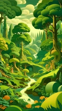 A green forest filled with fairies painted by Thomas Hart Benton