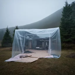 A polaroid photo of an odd room with structures. A transparent tarpaulin covers an image resembling a ruined building. There is a group of fir trees in the background and a high hill in the distance. The surface below is in a pastel color. Fog is present.