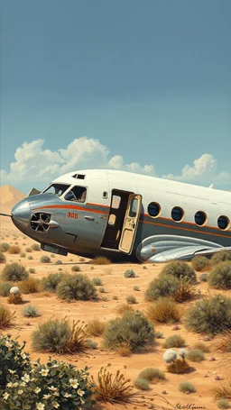 A side view of a1950 commercial airplane with broken glass and doors in front of crashed in realistic desert with sand dunes , in a forgotten battlefield over run by vegetation, cutesy tiktok detailed oil painting, grainy, old style