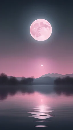 Lake at moonrise, the White hues of the sky reflected in the water,night, 8K, ultra realism --A a pink Floyd lands on the water ,moonrise reflected in the water, 8K, ultra realism