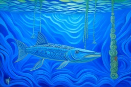 A blue ocean with barracuda designed in Hawaiian tikis painted by Georges Seurat